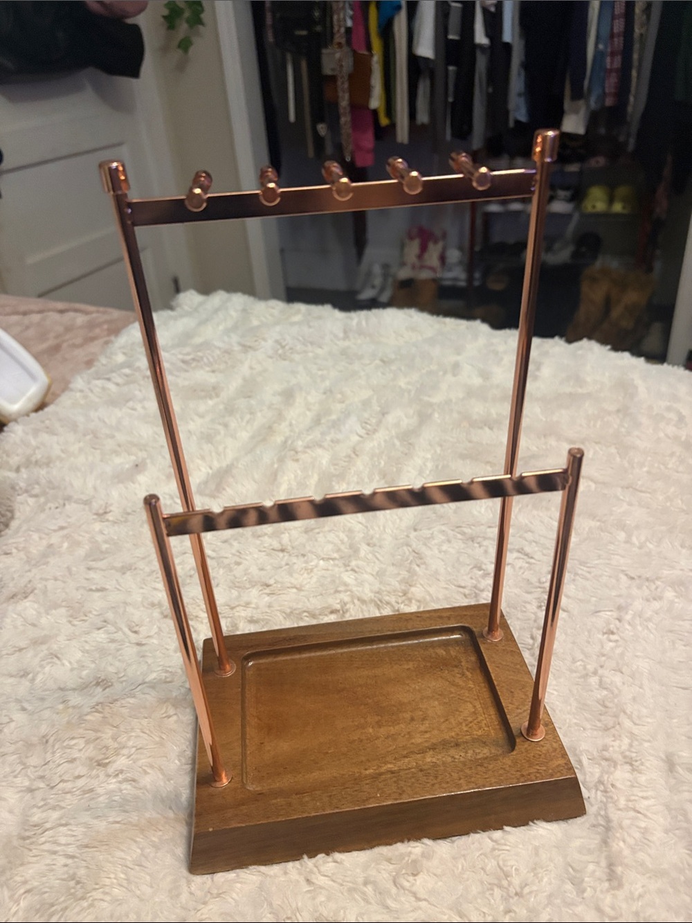 Rose Gold Jewelry Stand with Wooden Base - Home Storage & Organization